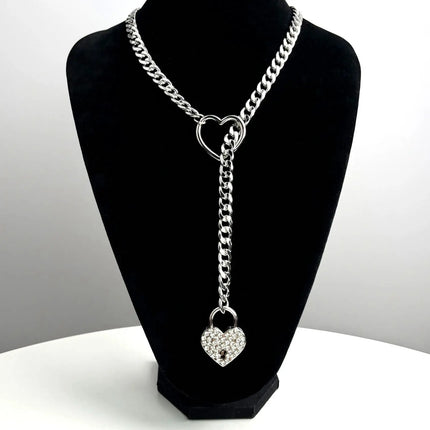 Womens Heart Slip Chain Necklace for Women with Rainstone Lock and Key Cuban Link Chunky Punk Rock Stainless Steel Choker
