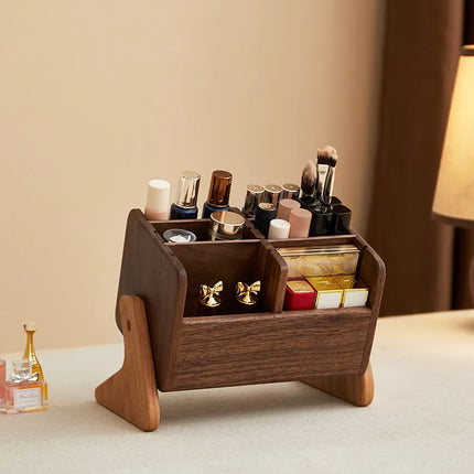 Walnut Cosmetic Organiser Desk-top Vanity Unit Lipstick & Eyeshadow Organiser Makeup Brush Holder Large Capacity Storage Rack