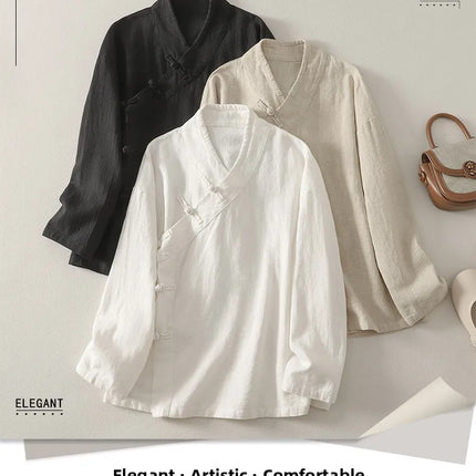 Loose Fit Long Sleeve Shirt New Autumn 2025 Chinese Style Button Zen Study Robe Tea Ceremony Side Buttoned Cotton Linen Shirt