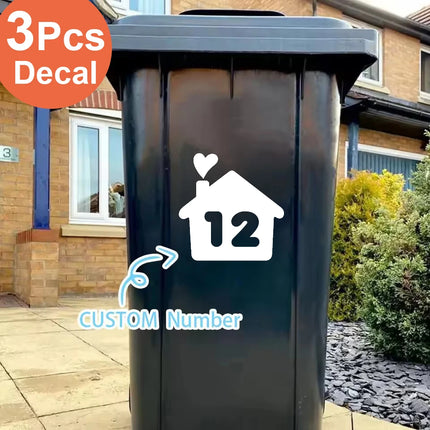 3Pcs Trash Can Vinyl Decal Custom House Number Sticker Waterproof Heart House Number Wall Decal for Outdoor Wheelie Bin