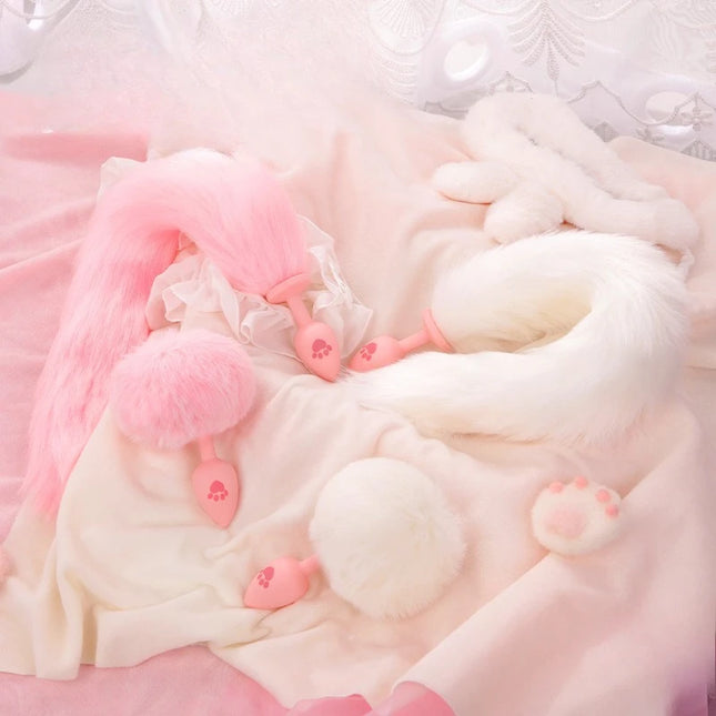 Silicone Fox Tail Anal Plug for Couples Cat Claw Print Role Play Tail Masturbation Sex Toys Adult Women Flirting Games Butt Plug