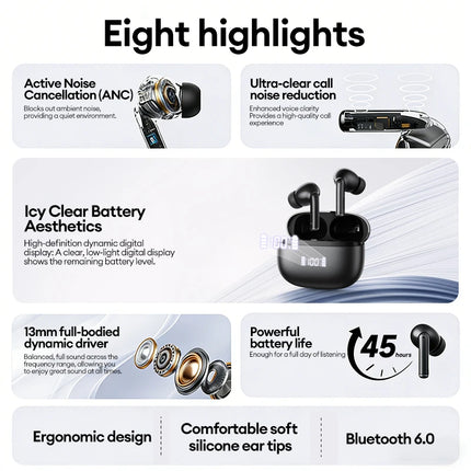 New Lenovo LE232 ANC Bluetooth 6.0 Headphones Active Noise Cancelling Wireless Earphone Power Display Music TWS Earbuds Choice