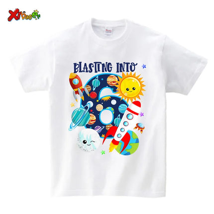 Boys Outer Space Birthday Shirts Girl Custom Outfit Rocket Children's Summer Cotton Top Clothing Set Clothes Children Clothing