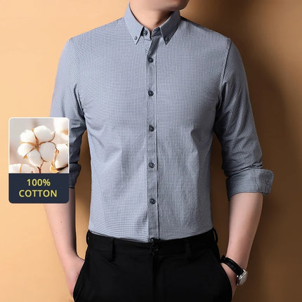 Top Grade 100% Cotton Anti-wrinkle New Fashion Breathable Checkered 2025 Men Shirt Brand Plaid Slim Fit Long Sleeve Casual Tops