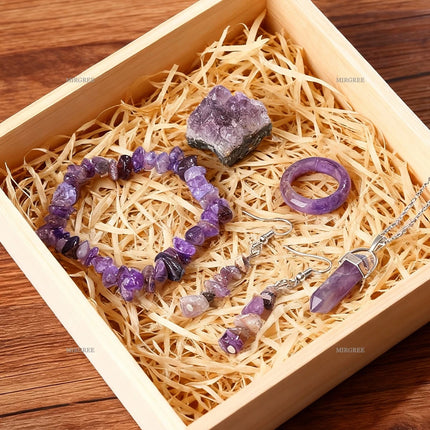 5pcs Natural Amethyst Set - Stone Bracelet, Crystal Pillar Necklace, Ring and Earrings, Healing Crystal Gemstone Accessories
