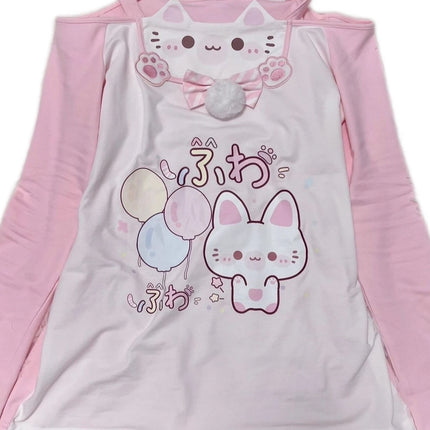 Cute  Print Halter Neck Long Sleeve T-Shirt Fake Two-Piece Shoulder Bared Style Sweet Japanese Aesthetic Slim Fit for Girls