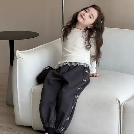 Girls Lace T-shirt 2024 Autumn New Slim Fit Girl Top Children Stylish Versatile High Elasticity Knitted Sweater
