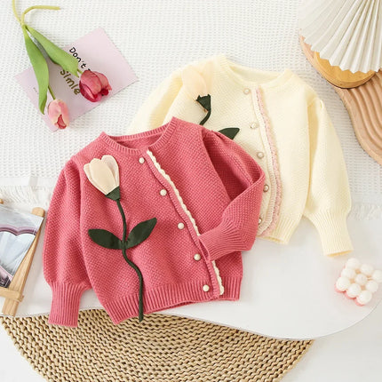 Children's Sweaters Three-dimensional Flower Korean Knit Sweater Cardigan for Girls Toddler Cardigan Sweater Korean Style