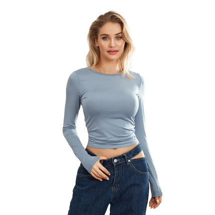 Women's Long-Sleeve Basic T-Shirts Solid Color Crew Neck Casual Shirts Fall Slim Fit Tops Streetwear