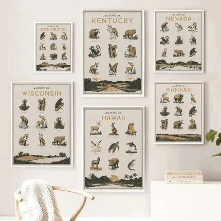 Wisconsin Mexico Kansas Kentucky Nevada Hawaii Wildlife Wall Art Print Vintage Animal Poster Archival Pictures Canvas Painting