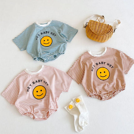 Summer style baby girl jumpsuit with cotton short sleeves, smiley face printed stripes, and a climbing suit