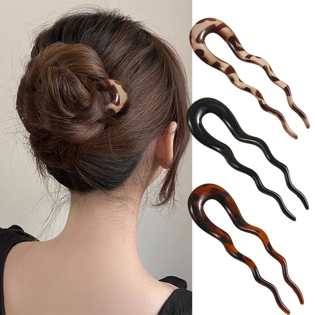 New Leopard Hair Stick Hair Clip Acetate Wavy U-Shaped Hair Forks Bun Hairpin Vintage Tortoise Women Headwear Hair Accessories