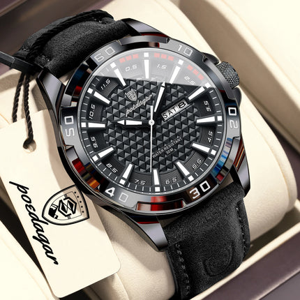 POEDAGAR Top Fashion High Quality Men's Watch Waterproof Luminous Date Week Watch for Men Leather Military Men's Quartz Wristwatch