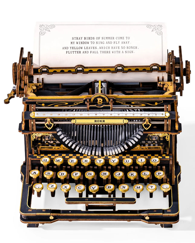 ROKR 3D Wooden Typewriter Puzzle – Black and Gold Mechanical Model Kit, DIY Toy, Vintage Decoration, Adult Collectible Gift
