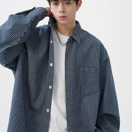 Vintage-Washed Denim Striped Long-Sleeved Shirt for Men Patchwork Design Loose-Fit Casual Shirt