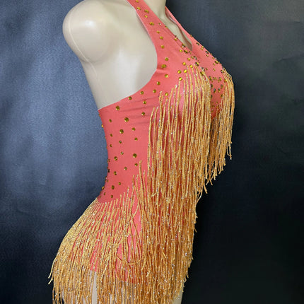 Sparkly Rhinestones Fringe Bodysuit WomenVightclub Party Dance Costume Stage Wear SexyTassel Leotard Performance Clothing G7
