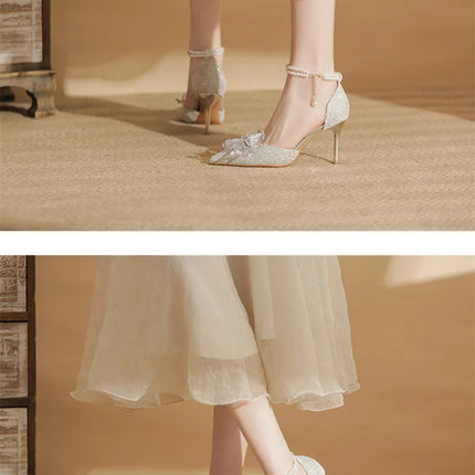 Spring Pointed Toe Party Wedding Shoes for Women, Bride Bow Thick Heel Silver Sequin Fairy Lolita Style Single Shoes