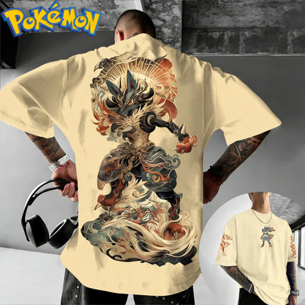 New Pokemon Cotton T Shirt with Lucario Back Print Blue Black Character and Flame Effects Design Loose Fit Men Women Casual