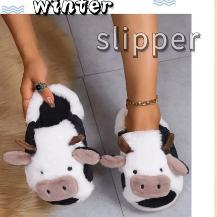Pallene Cow milk Fuzzy Slippers Women Winter Cartoon Fur Slippers Soft Cozy Plush House Shoes Female Bedroom Cute Furry Slides