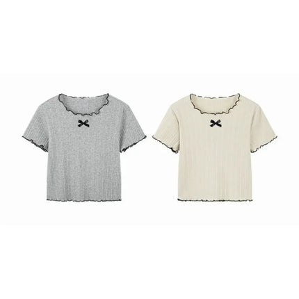 Girls' 1-12Y Korean-Style Knitted Lace-Trimmed Short-Sleeve Summer Ruched Tops: Trendy, Breathable, Bow Tie, Versatile Tee
