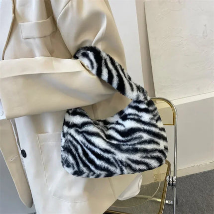 Y2k Korean Plush Retro Leopard Print Bags for Women Underarm Bags Leopard Zebra Pattern Fluffy Tote Bags Small Purses Handbags