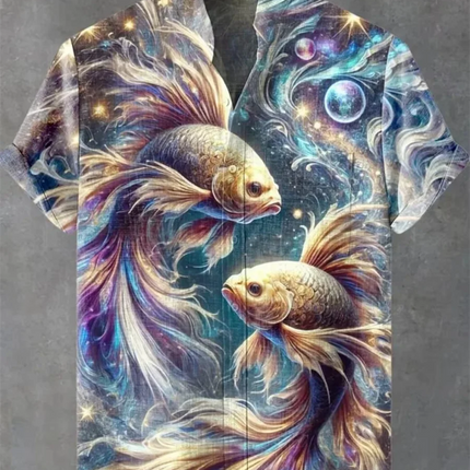 Fish pattern print, men's fashionable short sleeved shirt, loose top, outdoor street, casual and comfortable