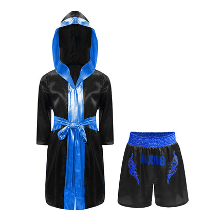 Boys Girls Halloween Carnival Boxer Cosplay Costume Boxing Robe Outfit Long Sleeve Satin Pugilism Hooded Cloak with Belt Shorts