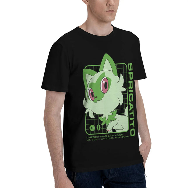 Bandai Pokémon Sprigatito Stats Men's T-Shirt Clothes Novelty Tees Short Sleeve Fugees Cotton