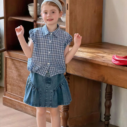 2-7Y Summer Casual Children Sleeveless Blouse Blue White Plaid Girls Ruffle Style Shirt Lightweight Breathable Kids Clothes