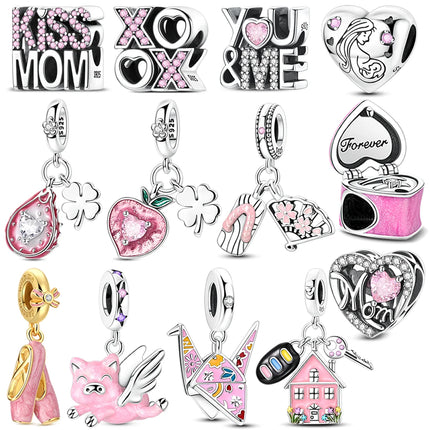 2026 Romantic Pink Color Charms Bead 925 Sterling Silver CZ Zircon Love Heart Pendants Fit Original Bracelet DIY Jewelry Gift