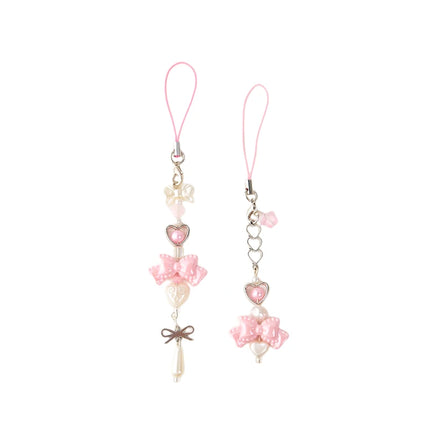 Y2K Pink Bowknot Heart Beaded Keychain Sweet Cute Mobile Phone Lanyard Fresh All-match Bag Pendant Purse Hanging Decoration