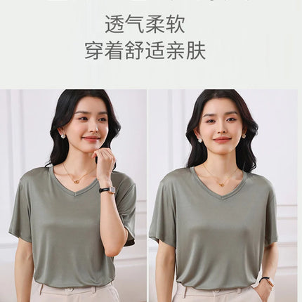 2026 Summer New Women's T-shirt V-neck Knitted Women's Short Sleeve High end Acetate Fiber White Fashion Women's Top