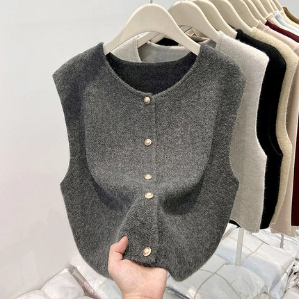 Soft Woolen Knitted Cardigan Women's Style Spring Autumn Fashion Metal Buckle Sweater Vest Layering Open-Shirt Tank Top
