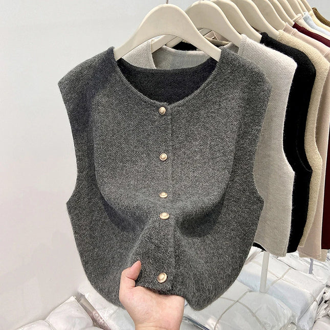 Soft Woolen Knitted Cardigan Women's Style Spring Autumn Fashion Metal Buckle Sweater Vest Layering Open-Shirt Tank Top