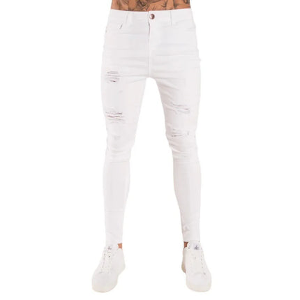 new White Embroidery Jeans Men Cotton Stretchy Ripped Skinny Jeans High Quality Hip Hop Black Hole Slim Fit Oversize Denim Pants