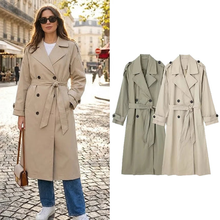 Willshela Women's Fashion with Belt Solid Double-Breasted Trench Vintage Lapel Neck Long Sleeves Female Chic Lady Outfits