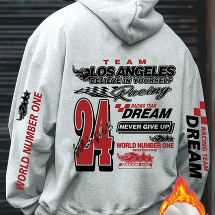 Los Angeles Racing "Never Give Up" Print Men Women Hooded Sweatshirt Autumn Winter Daily Outdoor Fitness Casual Loose Sportswear