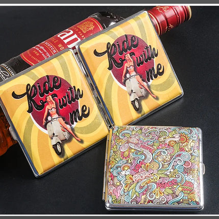 Creative Cigarettes Case Hold 20 Sticks Printed Leather Cigarette Case Smoking Box Sleeve Pocket Tobacco Pack Women Girls Gift