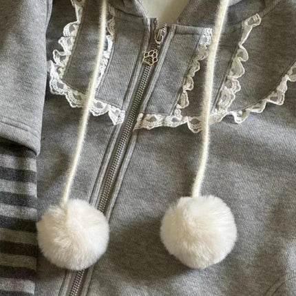Japanese Harajuku Kawaii Long Sleeve Hoodie Women Cat Ears Sweet Sweatshirt Lace Striped Zipper Casual Cartoon 2025 Autumn