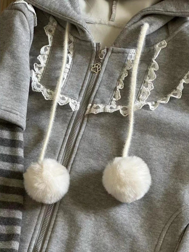 Japanese Harajuku Kawaii Long Sleeve Hoodie Women Cat Ears Sweet Sweatshirt Lace Striped Zipper Casual Cartoon 2025 Autumn