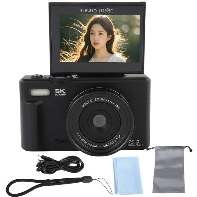 75MP Digital Camera 18X Digital Zoom 180° Flip Screen for Photography 5K Vintage Vlog Video Recorder for YouTube Selfile WiFi