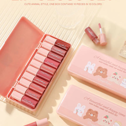 Set of 10 Shimmering Lip Glosses, Easy to Apply, Lip Glaze, Lipstick, Non-Stick Cup, Non-Fading, Moisturizing, Shiny Lip Gloss, Glass Lip, Shimmering Pearlescent Lip Gloss Set