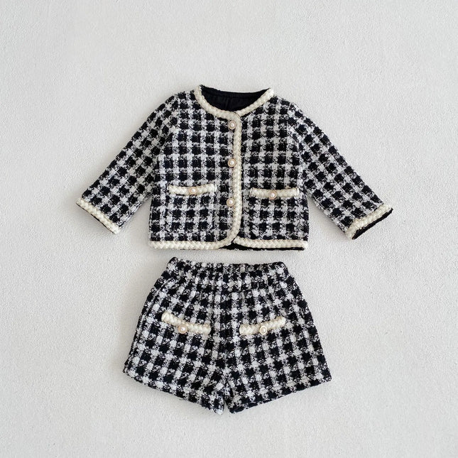 Spring and Autumn two-piece new baby girl black checkered long sleeved shirt with open top jacket and shorts