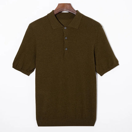 Men's short sleeved polo shirt, stylish top, knitted T-shirt, 2024 summer wool blend casual business pullover