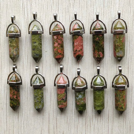 Fast shipping Natural stone quartz aventurine lapis crystal hexagonal pillar Pendants for Jewelry accessories 12pcs Wholesale
