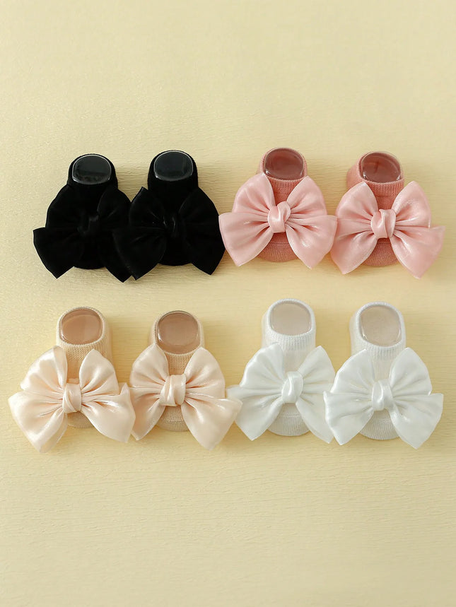 0-12 Months Cute Baby Girls Bow Socks, Newborn Baby Ankle Boat Socks Soft Fashion Non-Slip Infant Toddler Cute Gift Set 4 Pairs