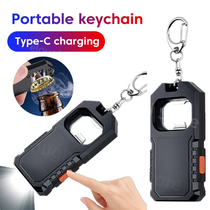 Portable Keychain Mini Flashlight USB C Rechargeable LED Emergency Charging Light Camping Walking Pocket Lamp With Bottle Opener