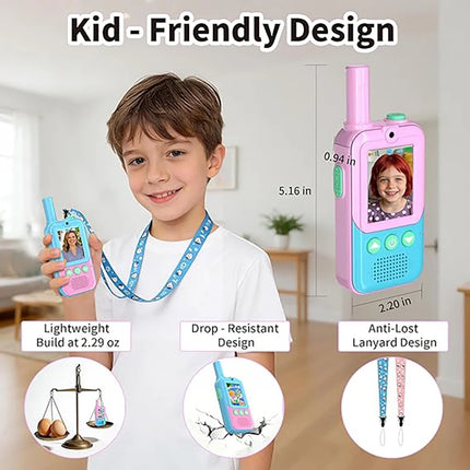 2 Pack Video Walkie Talkies for Kids Ages 3-12, 4 Voice Effects & Screen, Rechargeable, Perfect Holiday Gift for Boys Girls
