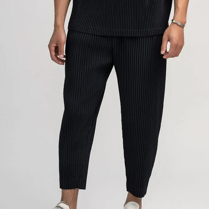 Miyake Pleated Straight Pants Men Clothing Black Pencil Cropped Pants Street Wears Men Japanese Style Ankle Length Pants