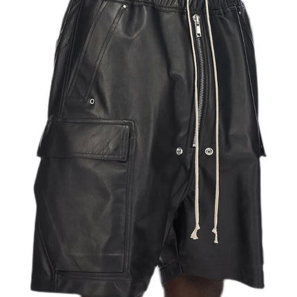 Mauroicardi Summer Cool Handsome Casual Soft Black Pu Leather Straight Shorts for Men Elastic Waist Drawstring Clothes 2023